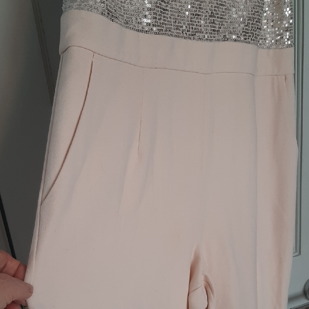 NEW๐MELANIE LYNE๐CREAM Silver Sequin WIDE LEG Jumpsuit with STRETCH Sz ML - Picture 4 of 13